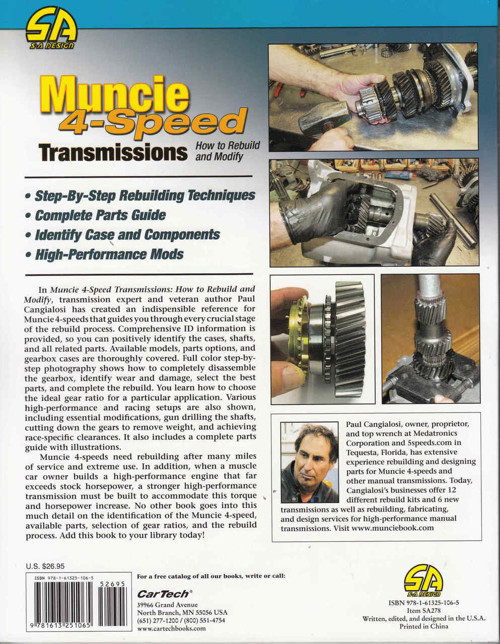 Transmission rebuild manual back cover with feature bullets, photos, and author portrait