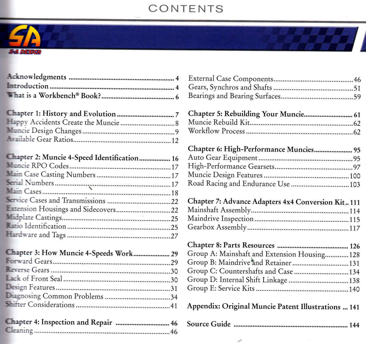 Transmission rebuild manual contents page with chapter headings and page numbers
