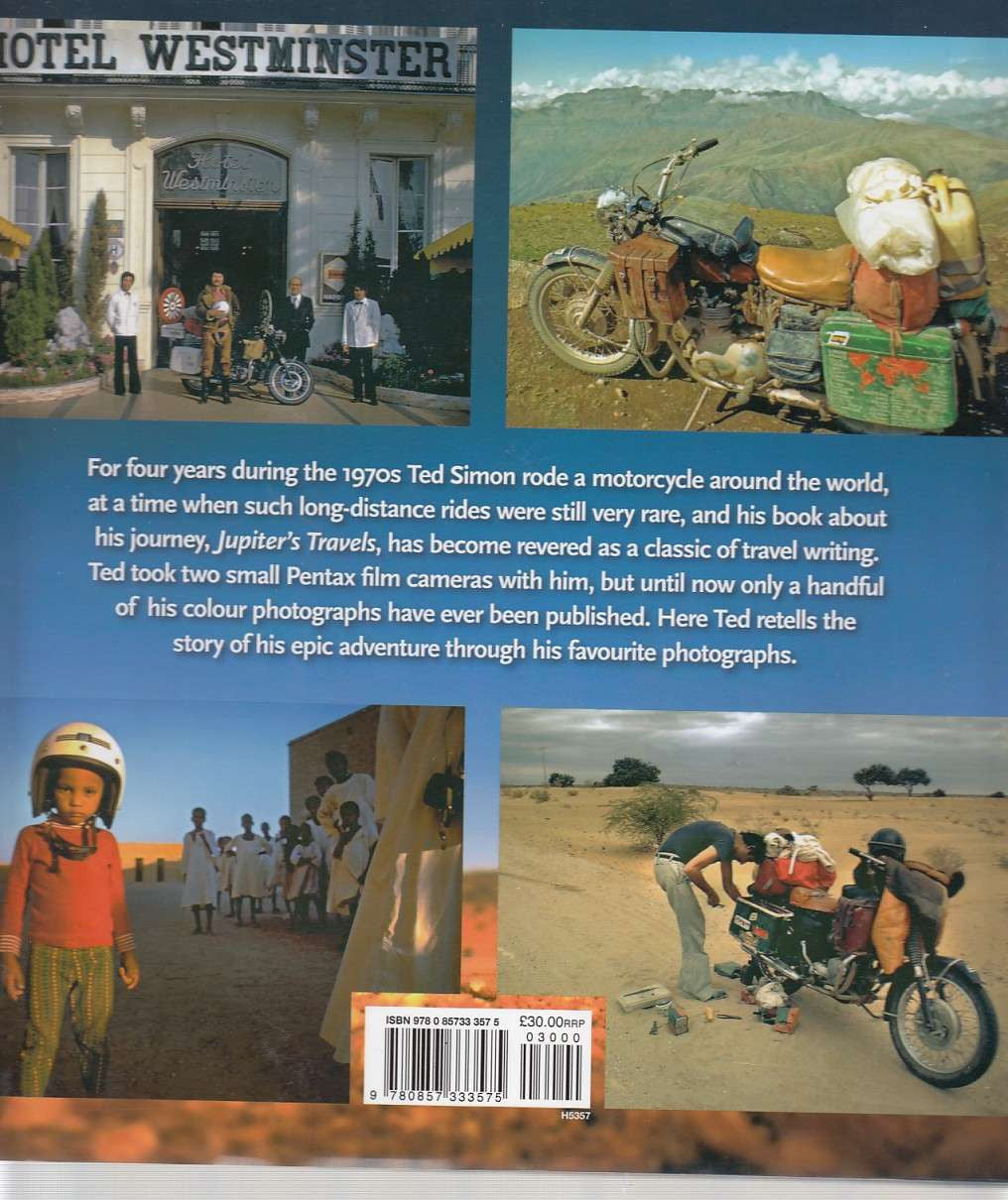 Motorcycle travel photo book, collage with four scenes and text block