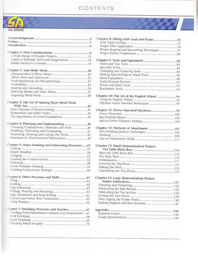 Automotive sheet metal forming and fabrication handbook contents page with section list