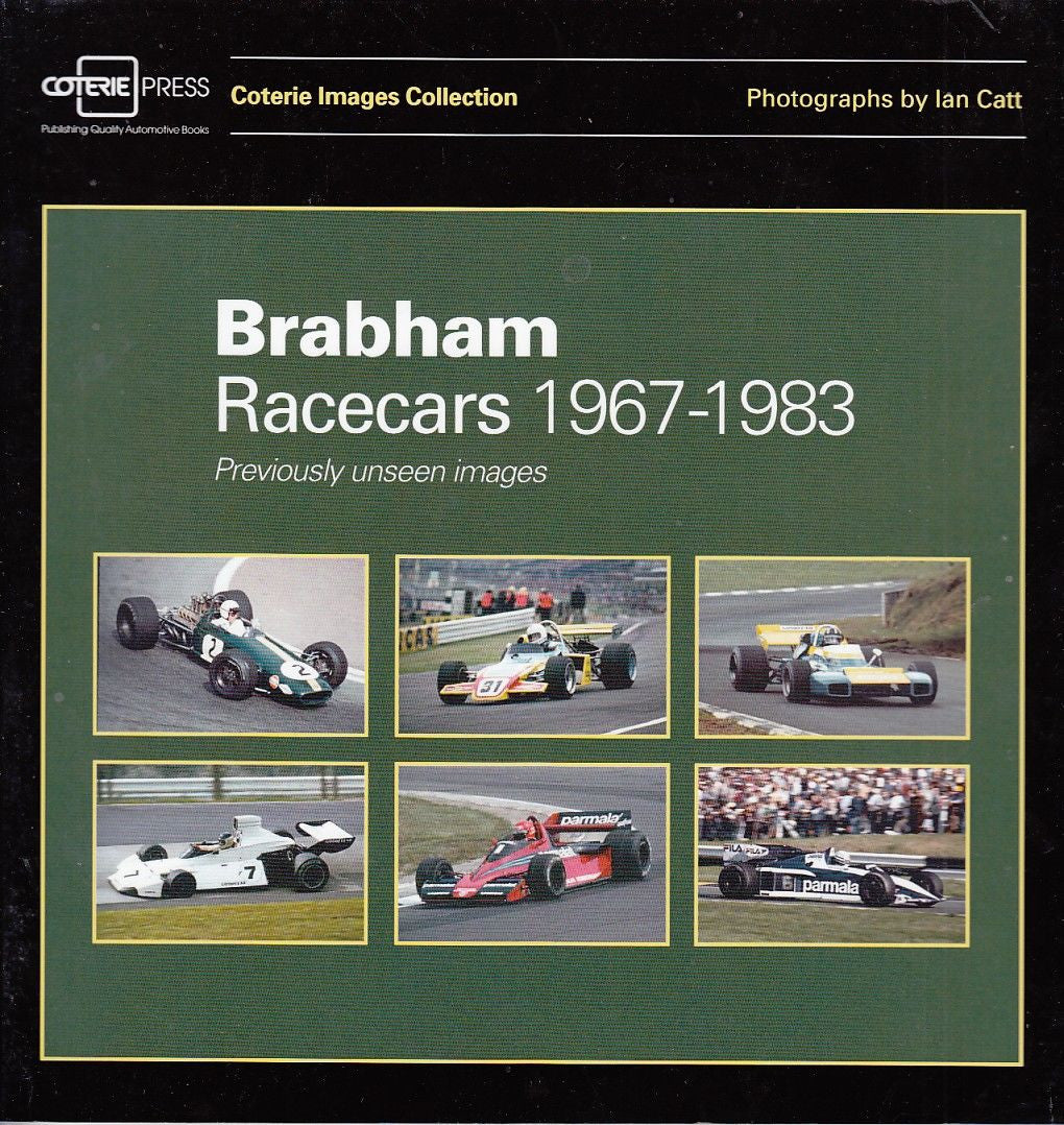 Brabham racecars photo book cover with green background and nine car thumbnails