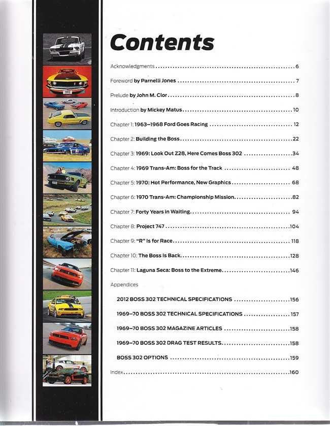Book contents page with chapter list and car photo thumbnails