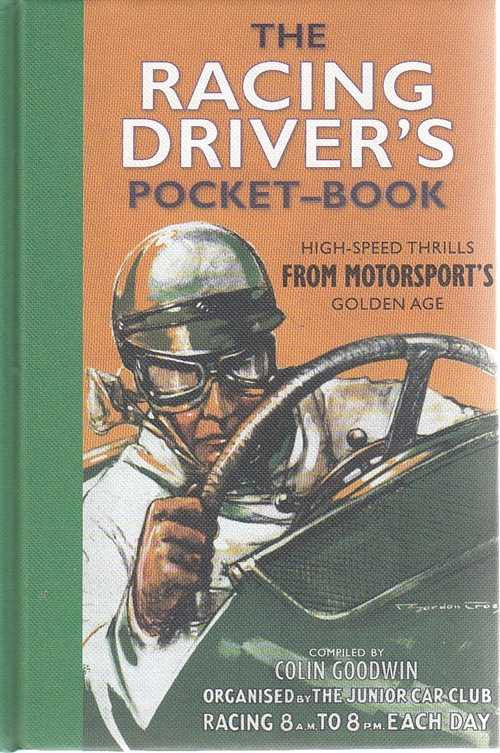 Racing driver's pocket-book front cover with title, subtitle, and driver helmet art