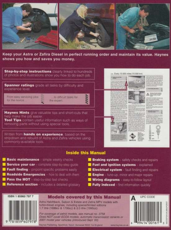 Holden (Vauxhall/Opel) Astra & Zafira 1998 - 2000 Diesel Repair Manual, back cover