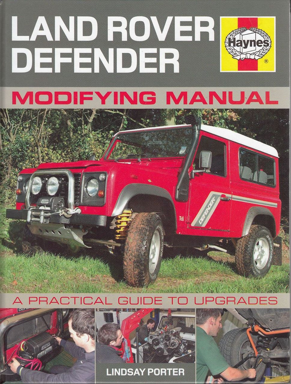Land Rover Defender Modifying Manual cover with red SUV, guide title, and Haynes logo