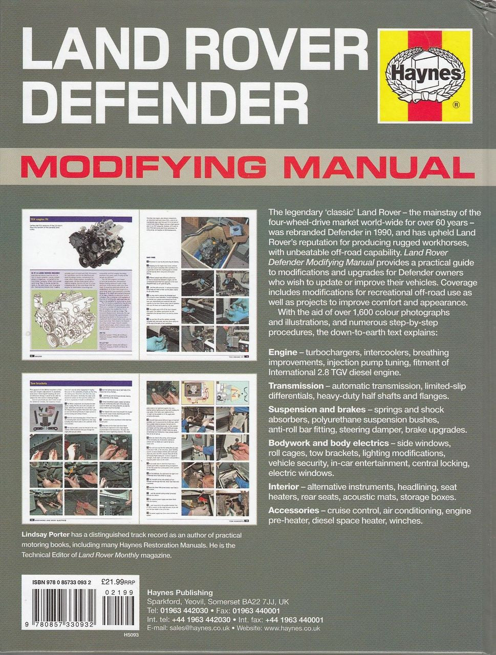Land Rover Defender Modifying Manual book cover with Haynes logo and text synopsis