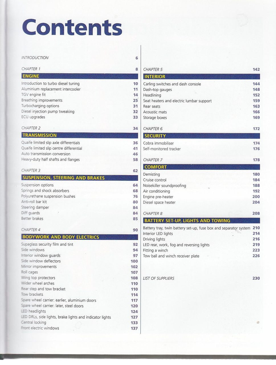 Land Rover Defender Modifying Manual contents page with section headings and page numbers