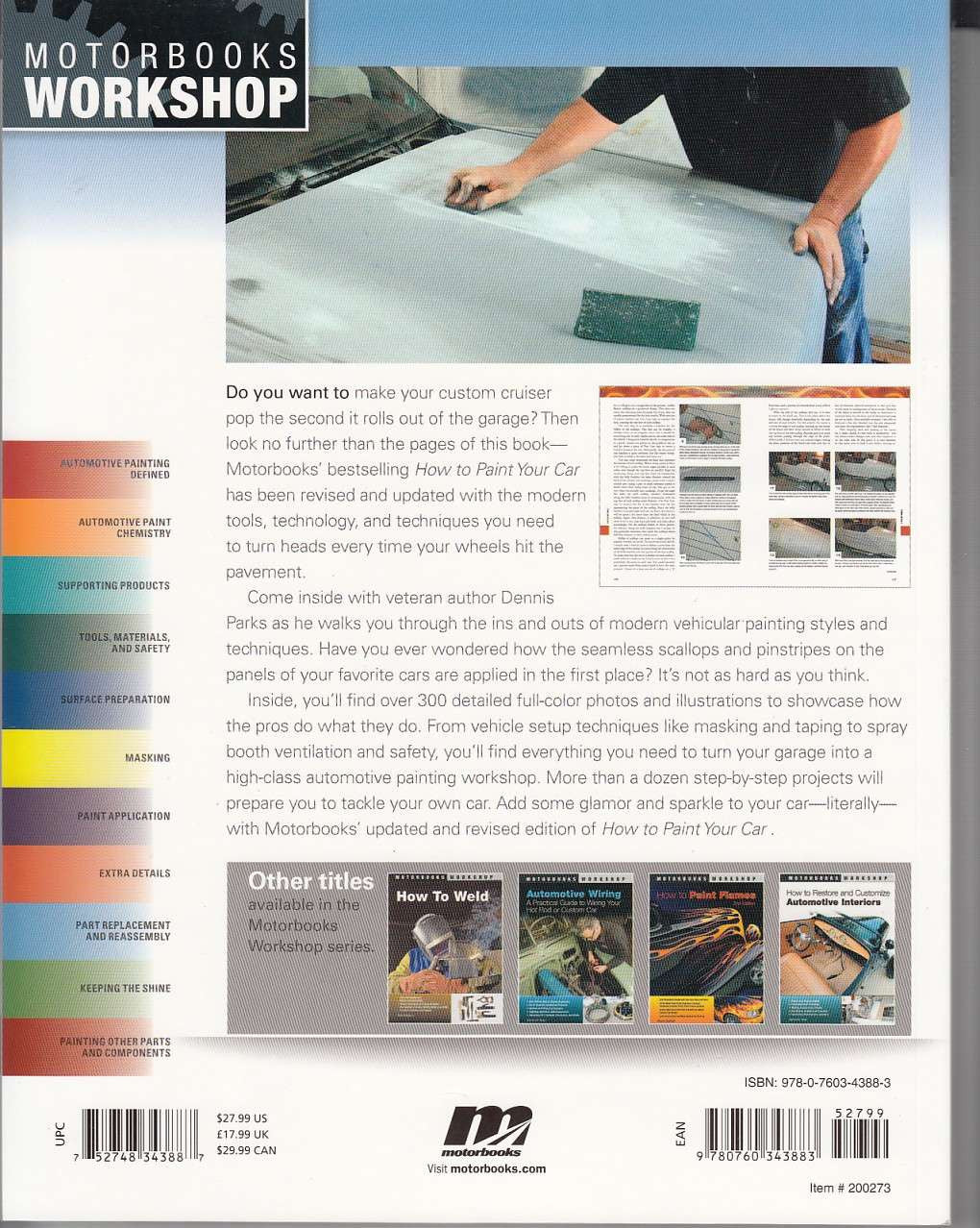 Auto painting guide book back cover with car prep photo and feature text blocks
