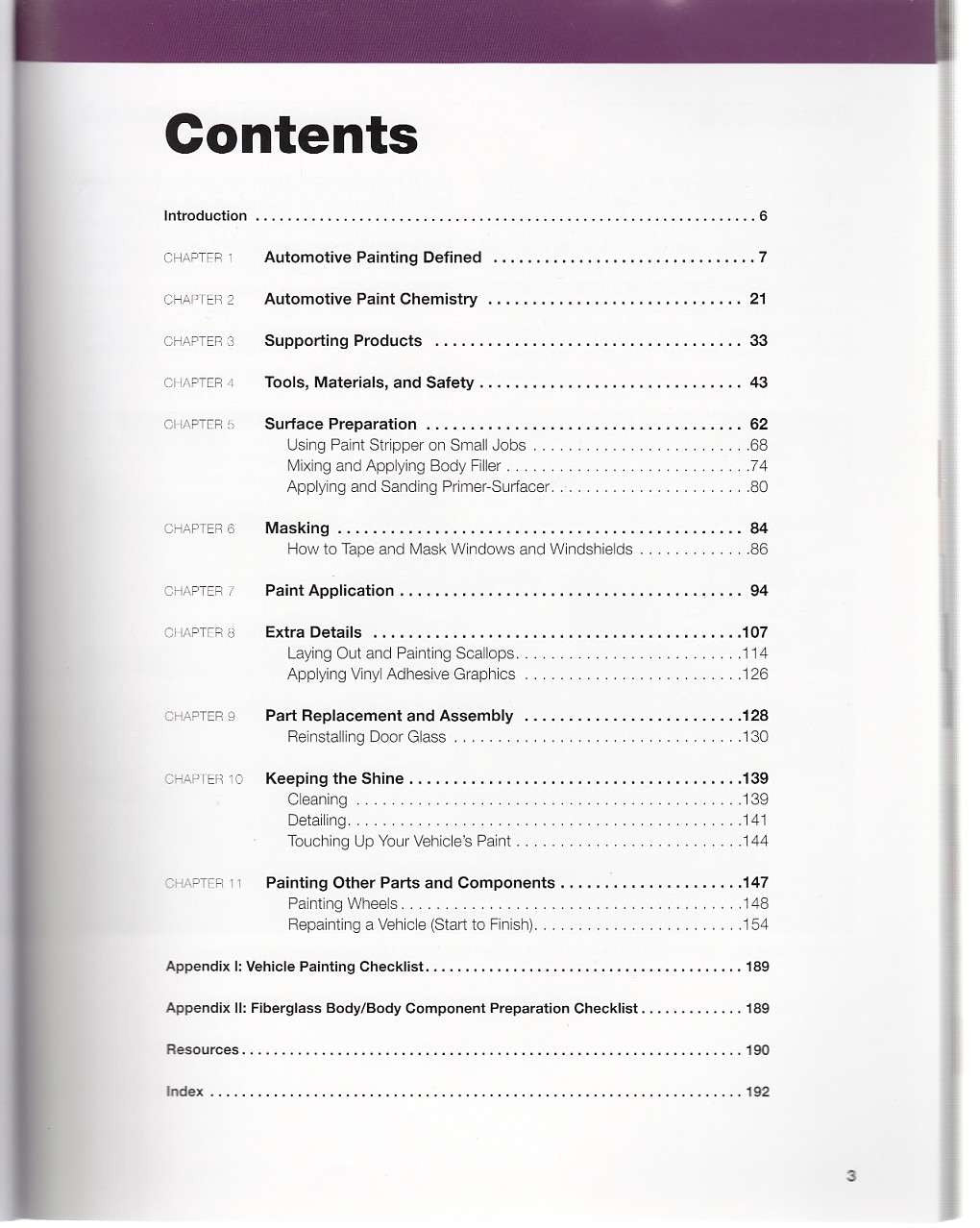 Auto painting guide book contents page listing chapters and sections