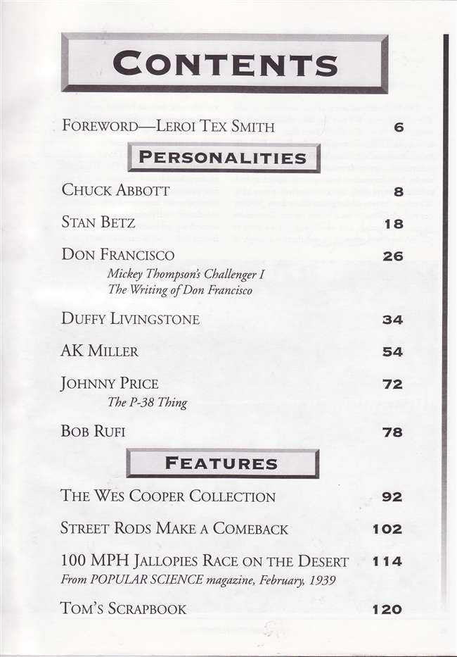 Book contents page with headings, names, and page numbers