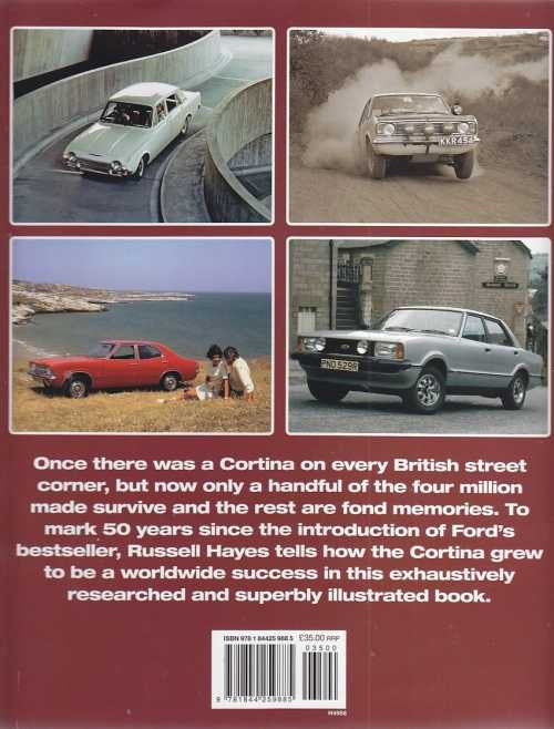 Classic car history book back cover with barcode and four vehicle photos collage