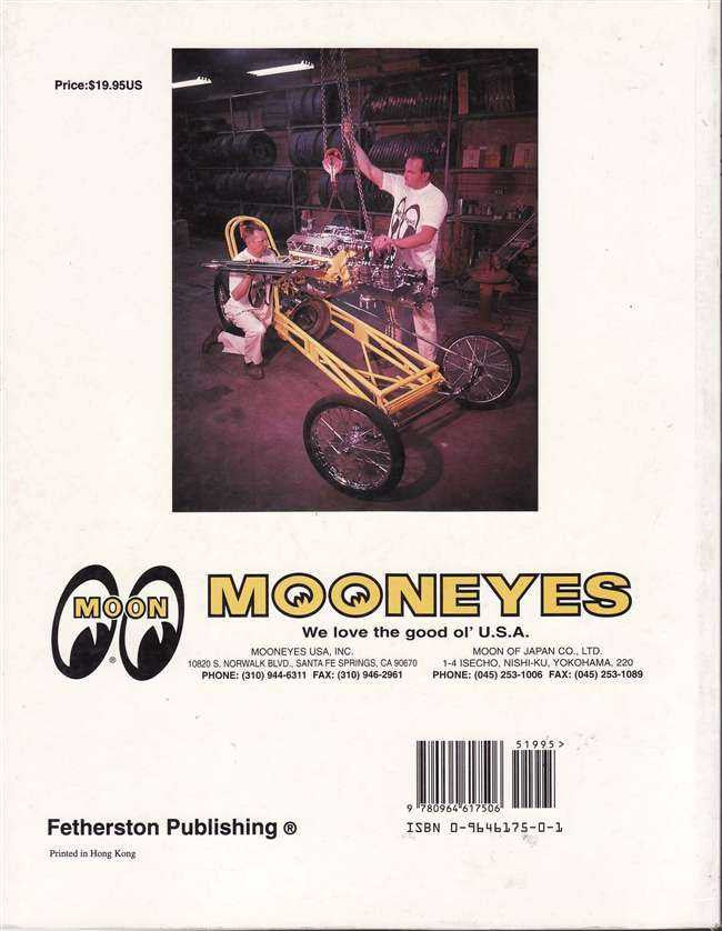 Book cover featuring a vintage hot rod photo collage with Moon Eyes logo