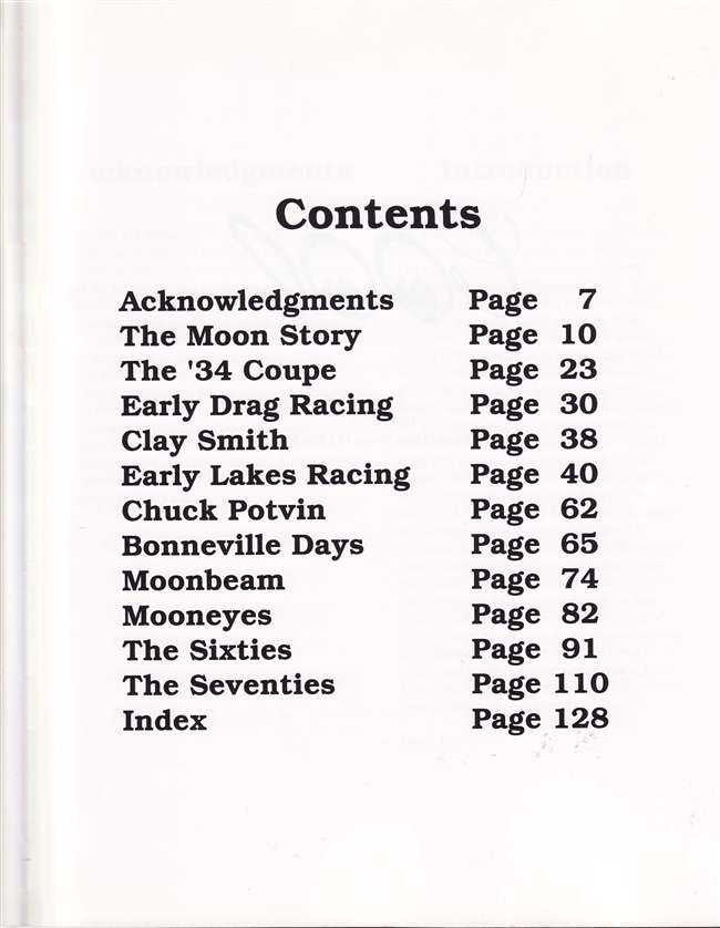 Book contents page listing acknowledgments, stories, and racing topics with page numbers