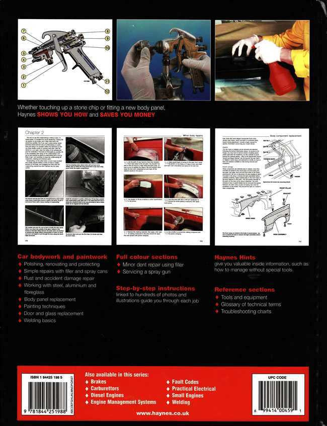Car bodywork repair manual back cover with diagrams, tips, and product details