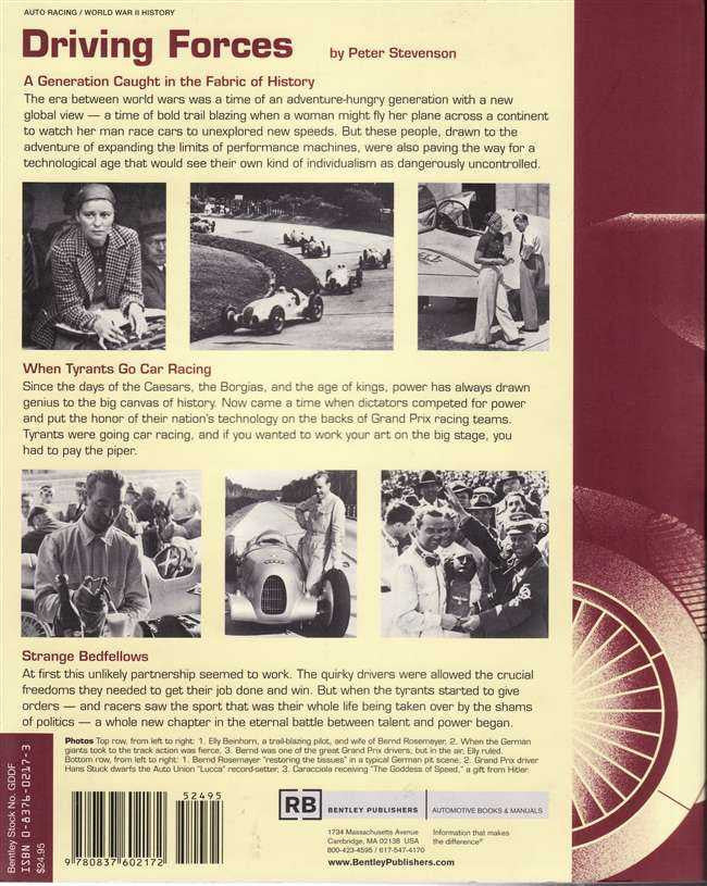 Racing history book back cover with multiple archival race photos and chapter text blocks