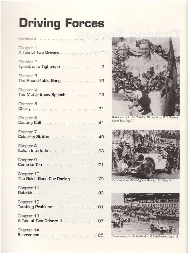 Racing history book table of contents page with chapter list and small race photo panel
