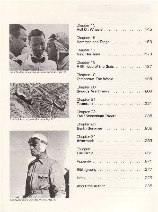 Racing history book table of contents continuation with chapter list and portrait race photo