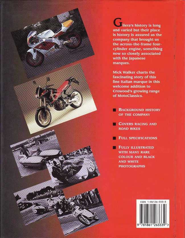 Motorcycle history book with collage of bikes on red back cover and barcode