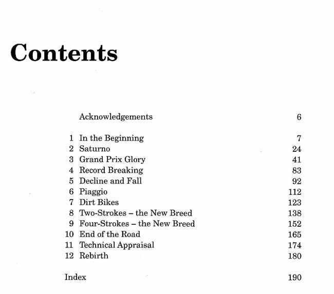 Motorcycle history book contents page with chapter list and page numbers