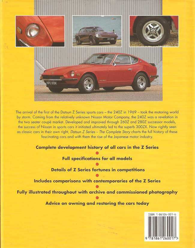 Book back page with small car photos and orange Datsun Z series sports car image