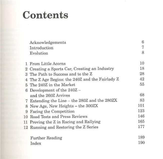 Book contents page listing chapter titles with page numbers