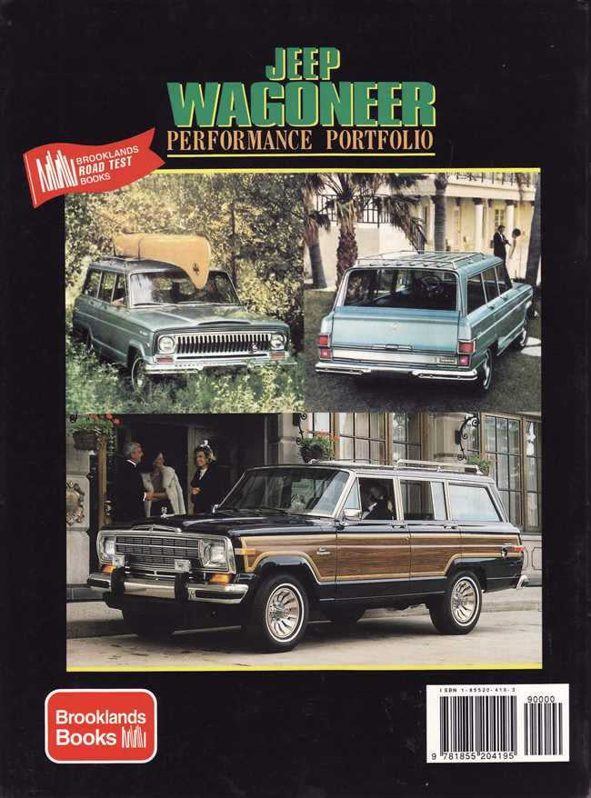 Jeep Wagoneer performance portfolio book cover with two classic SUV photos and test badge