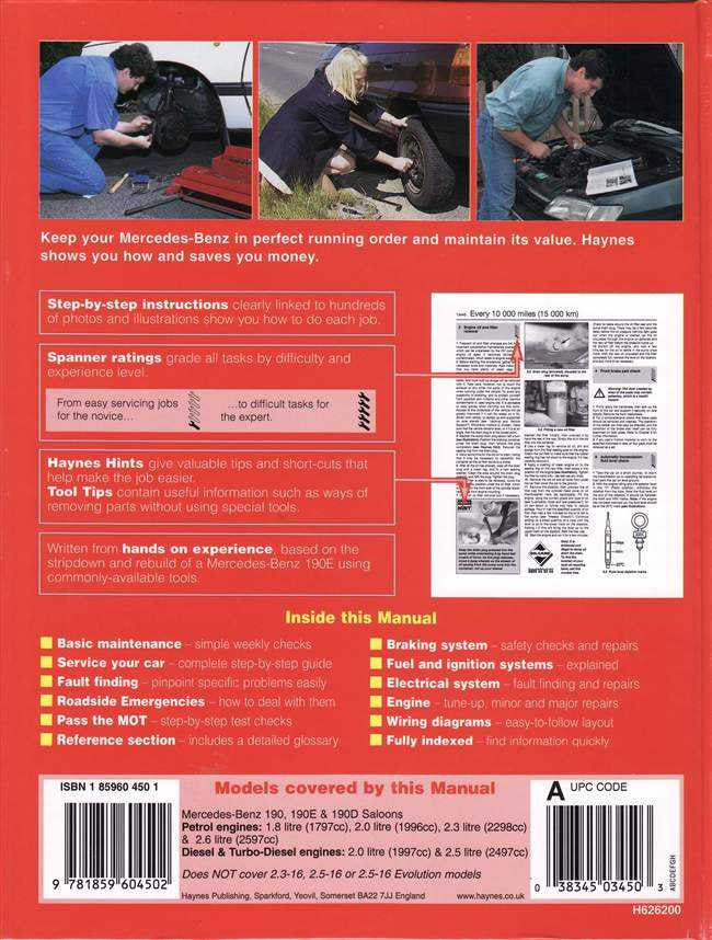 Workshop manual back page with diagrams, instructions, and model information