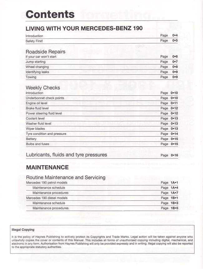 Workshop manual contents page with sections for repairs, weekly checks, and maintenance