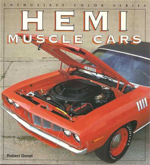 Hemi muscle cars book cover with orange muscle car, open hood and engine bay