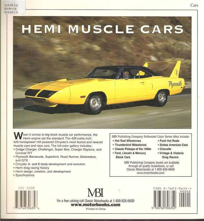 Hemi muscle cars book back cover with yellow muscle car in side view