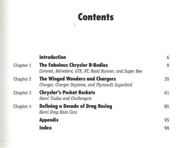 Hemi muscle cars book contents page with chapter list and page numbers