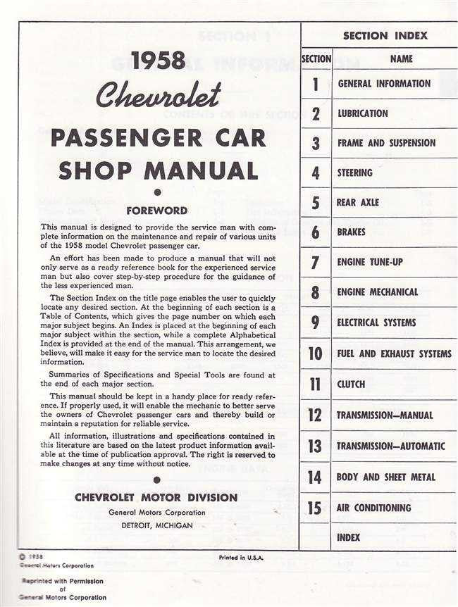 Chevrolet Passenger Car Workshop Manual 1958
