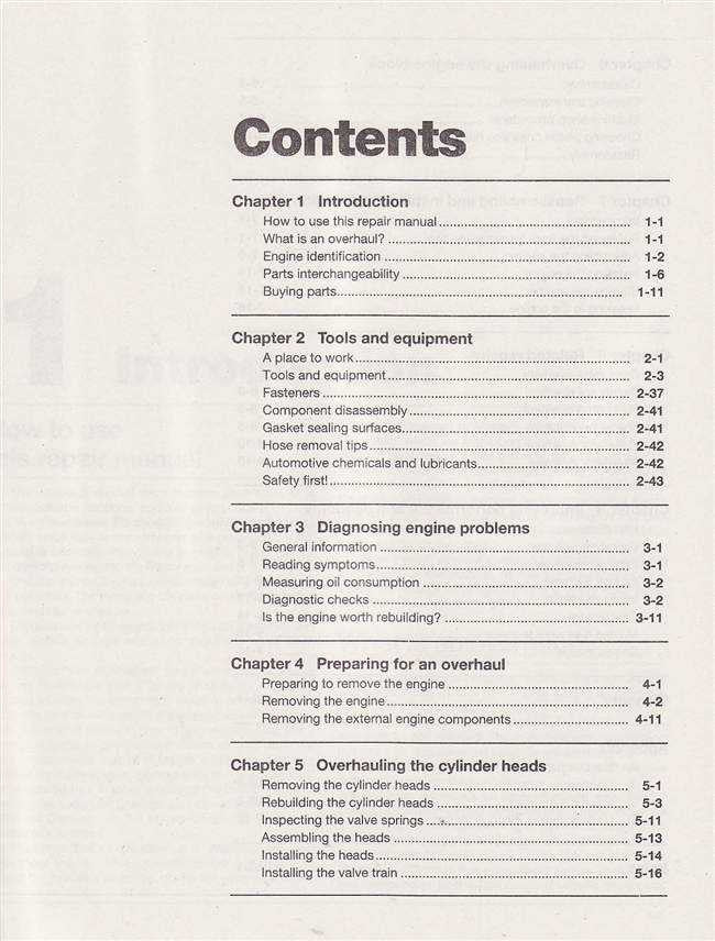 Manual contents page listing chapters on repair, tools, diagnostics, and engine overhaul