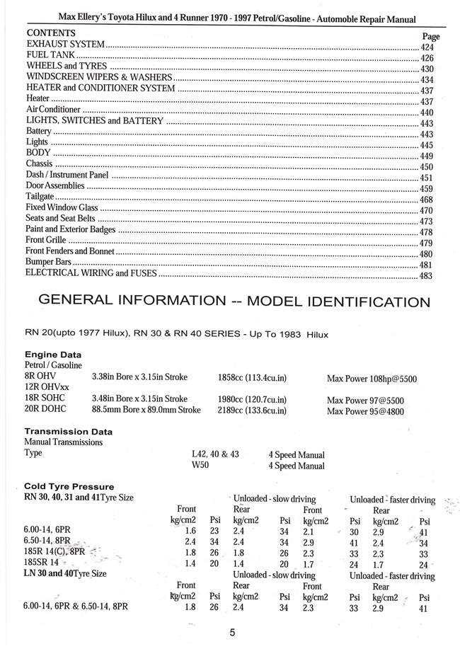 Toyota Hi-Lux &amp; 4Runner Petrol RN, YN, VZN Series 1970 - 1997 Workshop Manua