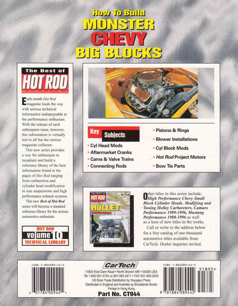 Auto performance guide book cover with red V8 engine and Hot Rod branding