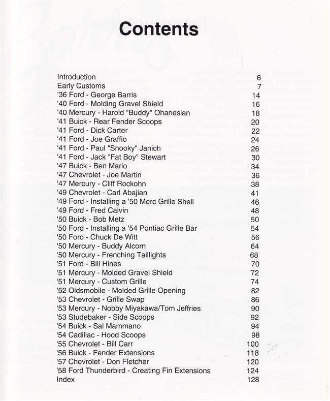Automotive customization book contents page listing chapters and page numbers