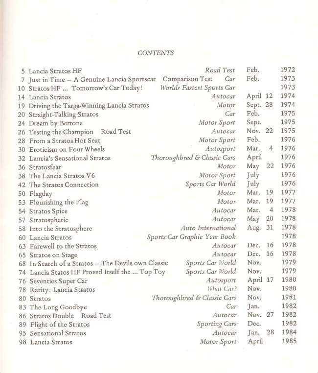 Road test book contents page with article list for Lancia Stratos models