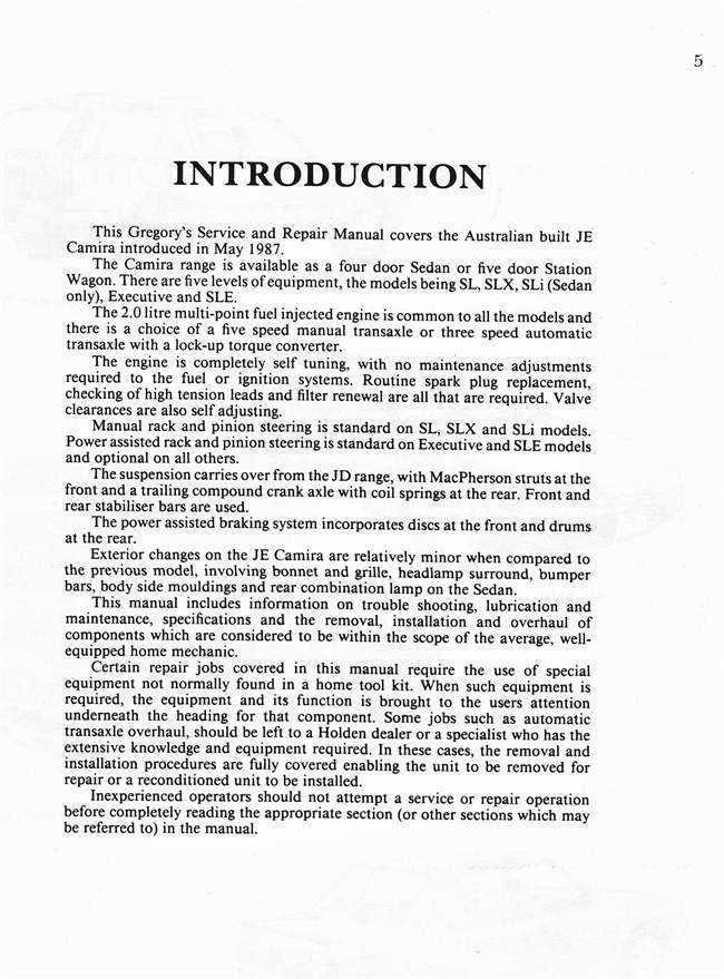 Holden Camira JE Series 1987 - 1989 Workshop Manual