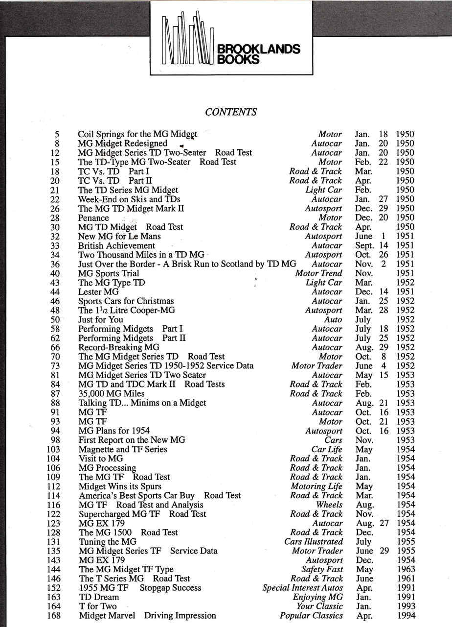 Book contents page titled CONTENTS with two-column list of road tests and specs