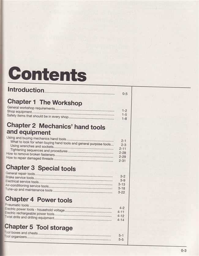 Manual contents page listing chapters on the workshop, mechanics, special tools, and power