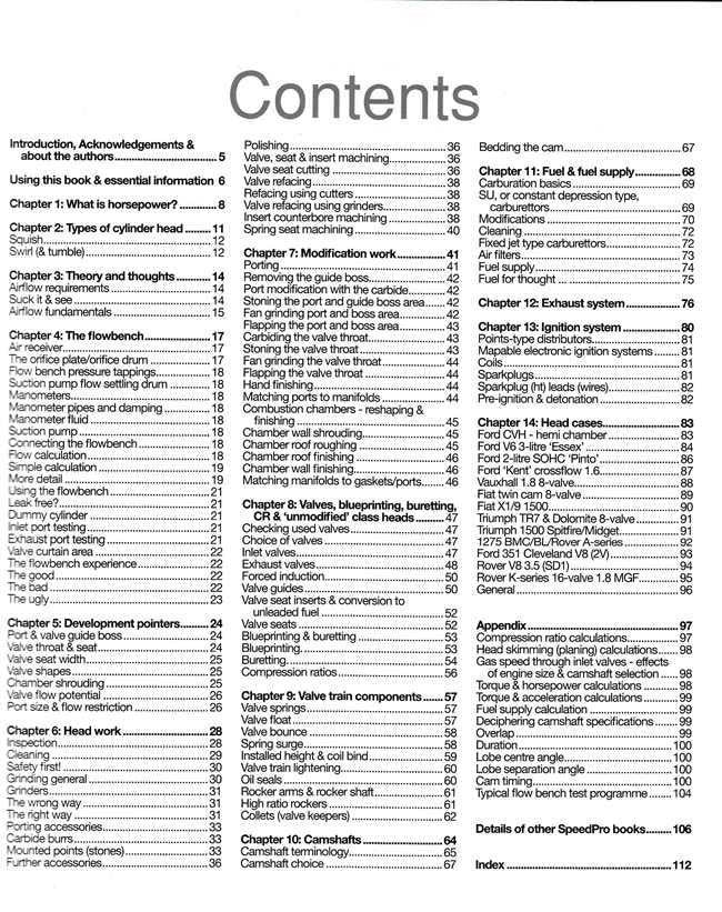 Paperback table of contents page for cylinder heads tuning book