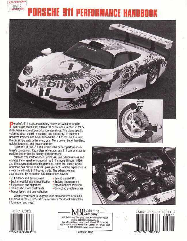 Porsche 911 performance handbook, dark back cover with white race car photo and inset