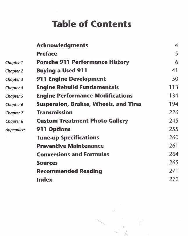 Porsche 911 performance handbook table of contents page with chapter list