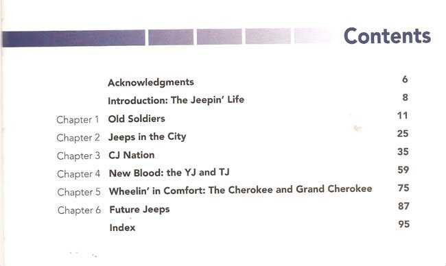 Jeep Enthusiast Color Series book contents page with section list and page numbers