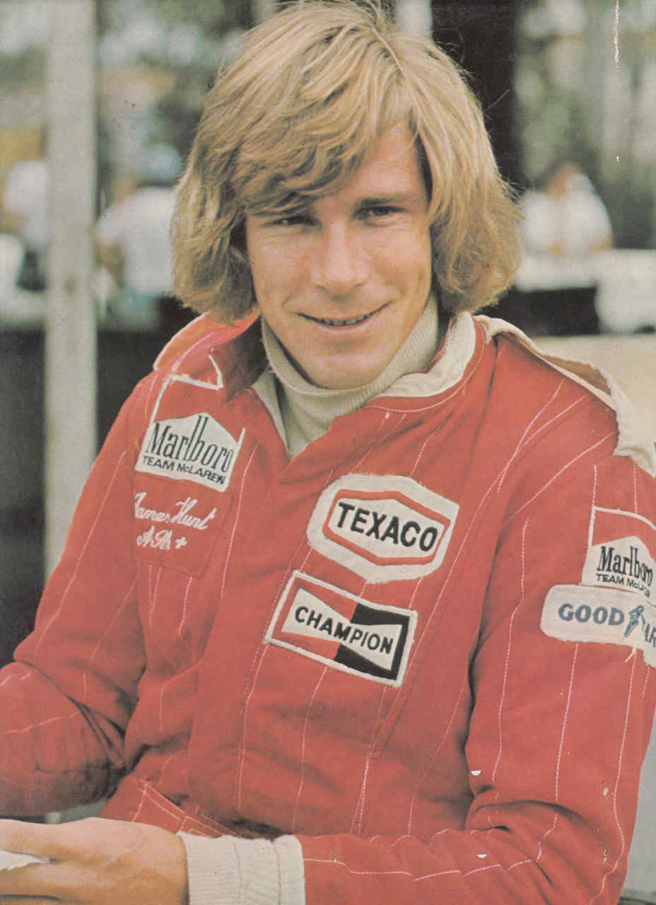Racing memoir book page with a portrait photo of James Hunt in a racing suit