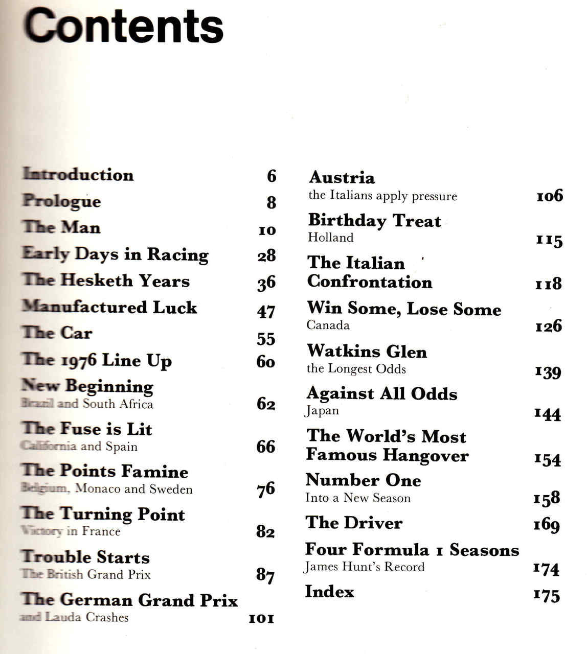 Racing memoir book, close-up of Contents page with section titles and page numbers