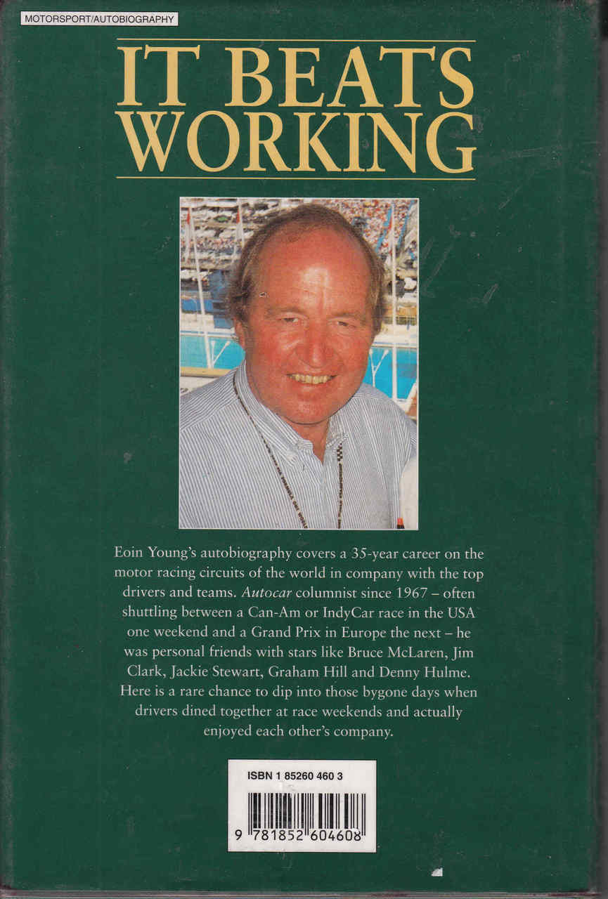 Motor racing memoir book back cover with author photo and ISBN barcode