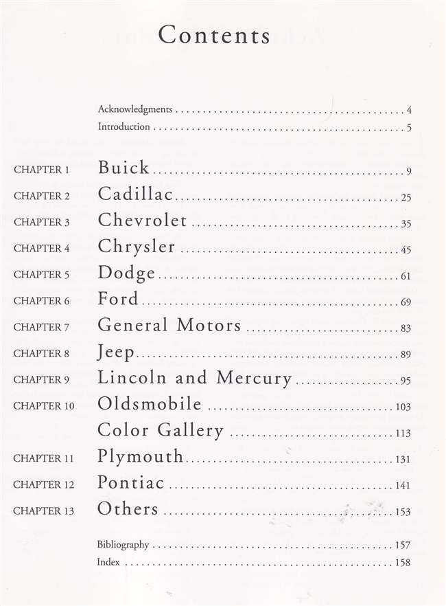Detroit Dream Cars contents page listing chapters and categories