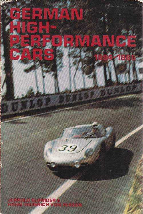 Vintage racing car book cover with German High Performance Cars title and road scene