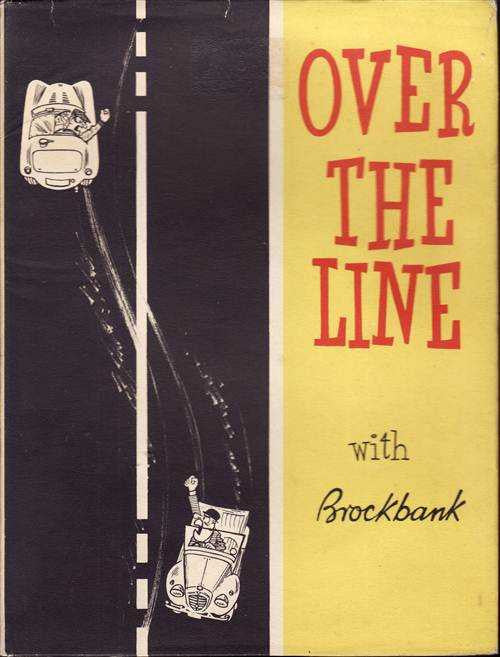 Over the Line with Brockbank book cover, yellow panel with red title and car illustrations